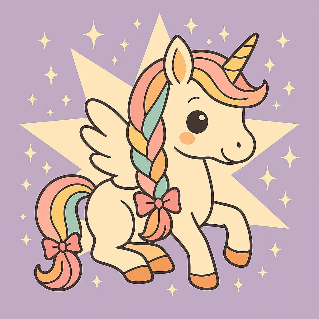 Dessin de licorne ailée arc-en-ciel avec étoiles scintillantes