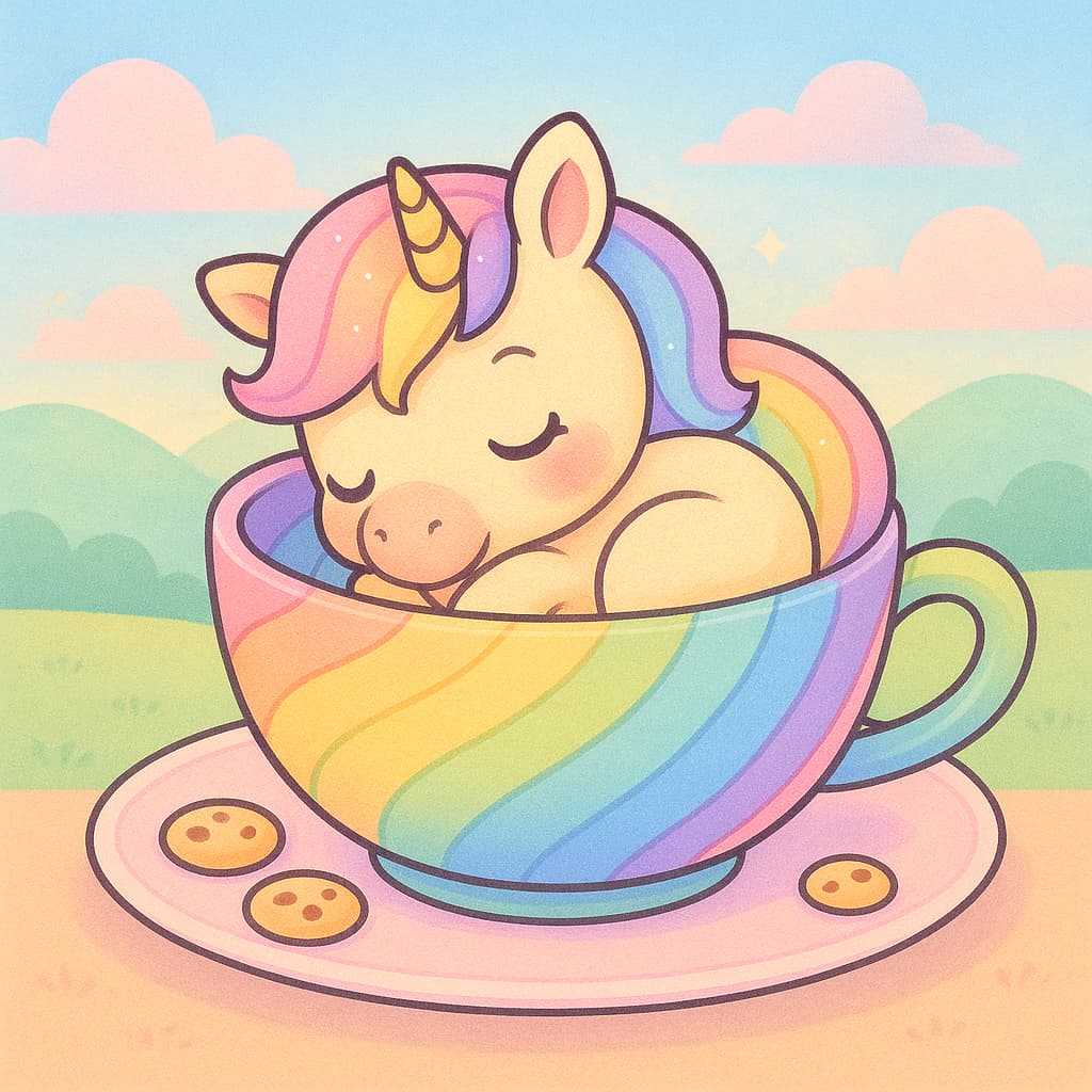 Dessin d'une douce licorne arc-en-ciel blottie dans une tasse lumineuse