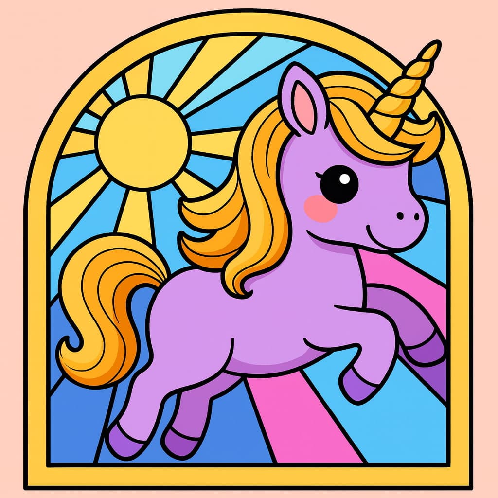 Vitrail lumineux de licorne encadré par des rayons de soleil et des blocs de ciel