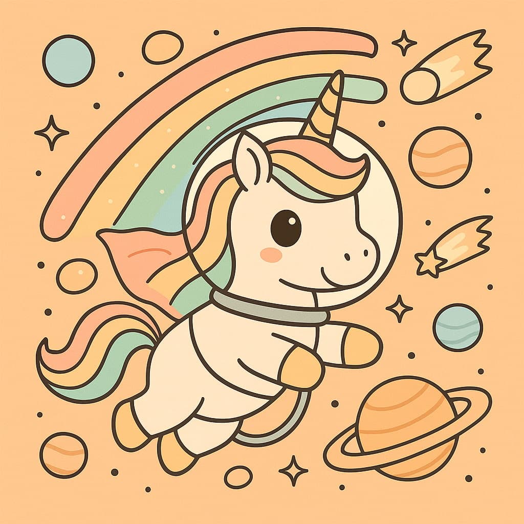 Dessin de licorne astronaute arc-en-ciel parmi les planètes