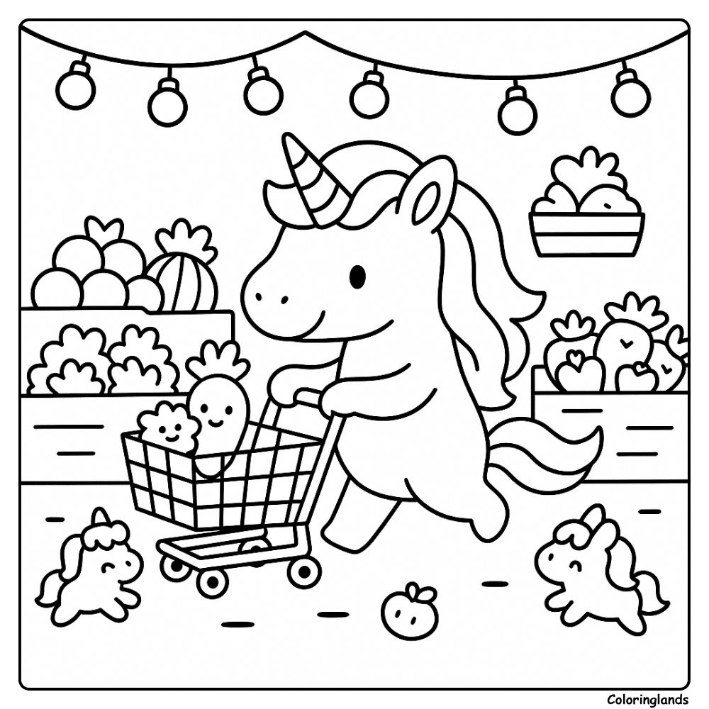 Coloriage enfant licorne au milieu des fruits et amis minuscules