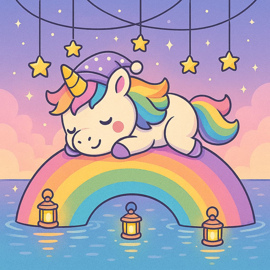 Dessin de licorne bébé arc-en-ciel sur un pont lumineux