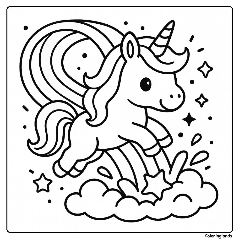 Coloriage licorne arc en ciel sautant parmi les étoiles