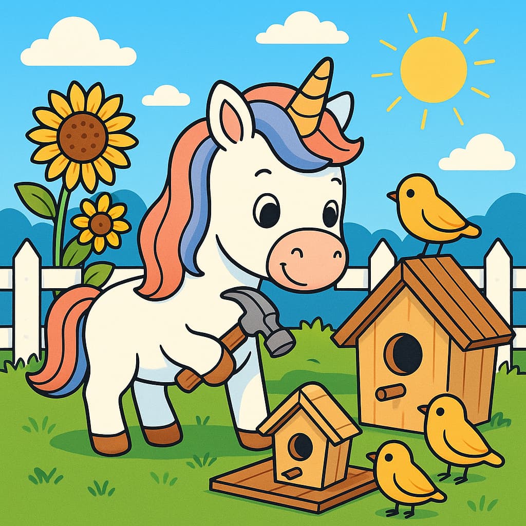 Licorne pour enfants dessinant des nichoirs au soleil