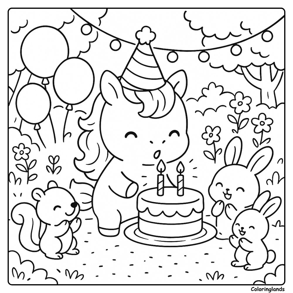 Coloriage enfant licorne avec gâteau et amis