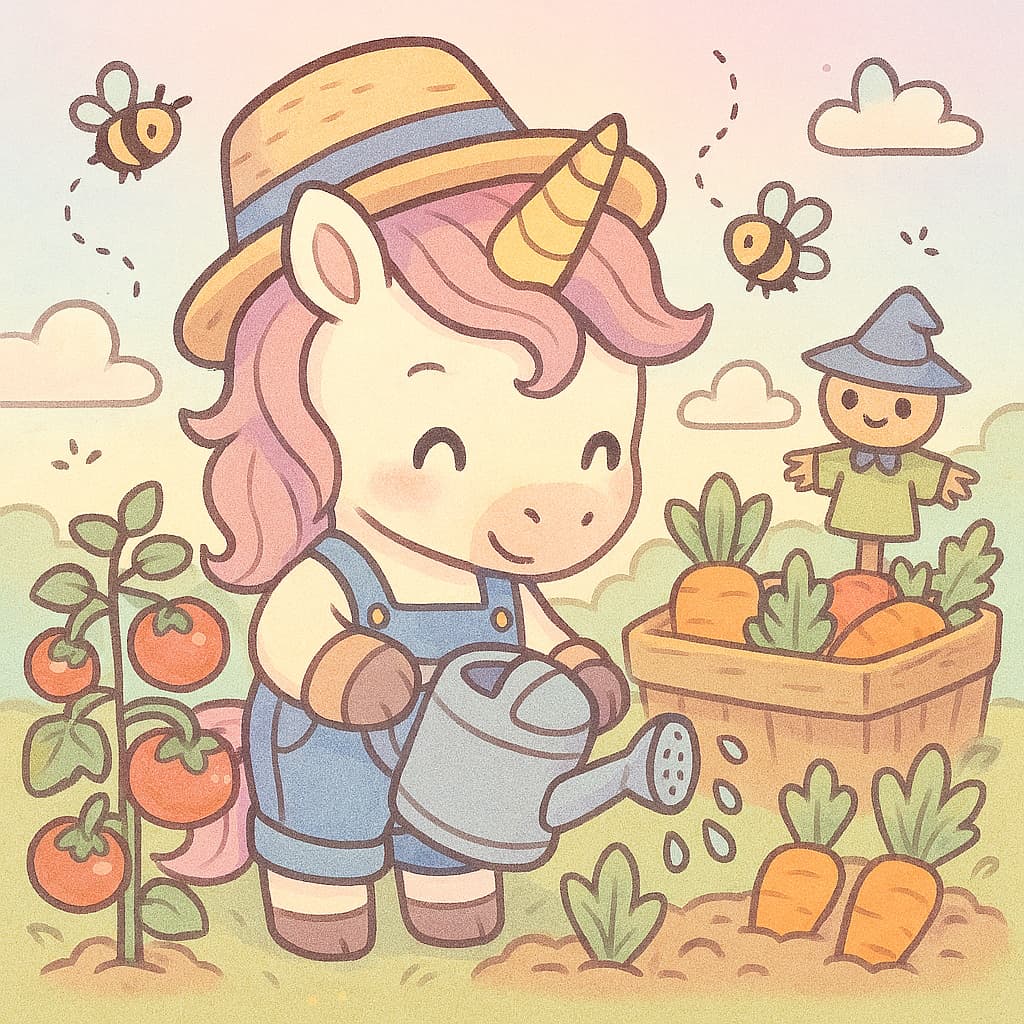 Petit fermier licorne arrosant des carottes dans le jardin