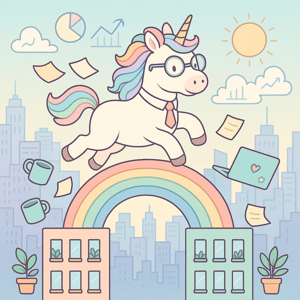 Dessin de licorne sautant sur un arc-en-ciel avec ordinateur, graphiques et tasses