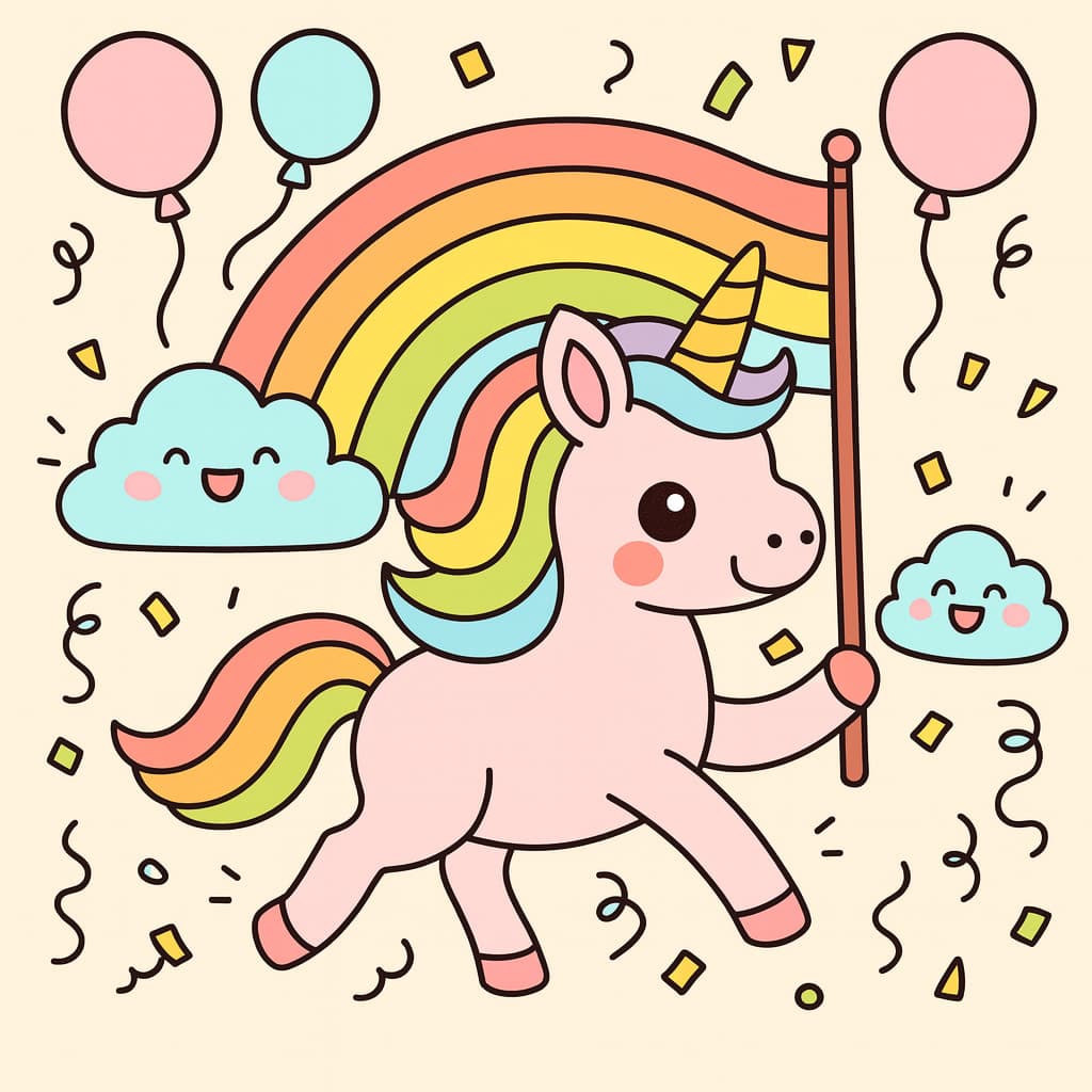Licorne joyeuse sous l'arc-en-ciel traversant une fête de confettis