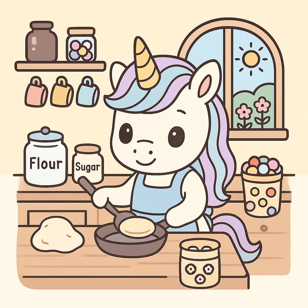 Licorne en cuisine pour enfants avec poêle et bocaux