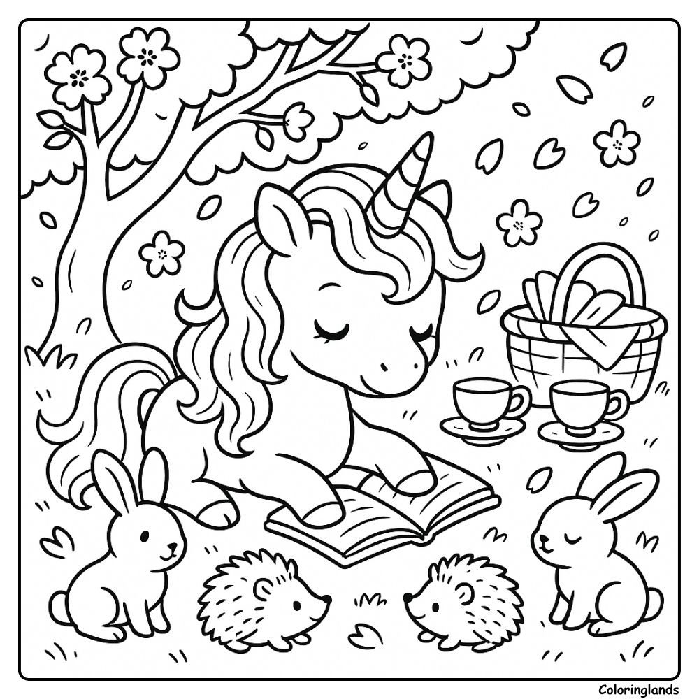 Coloriage enfant licorne avec lapins et hérissons
