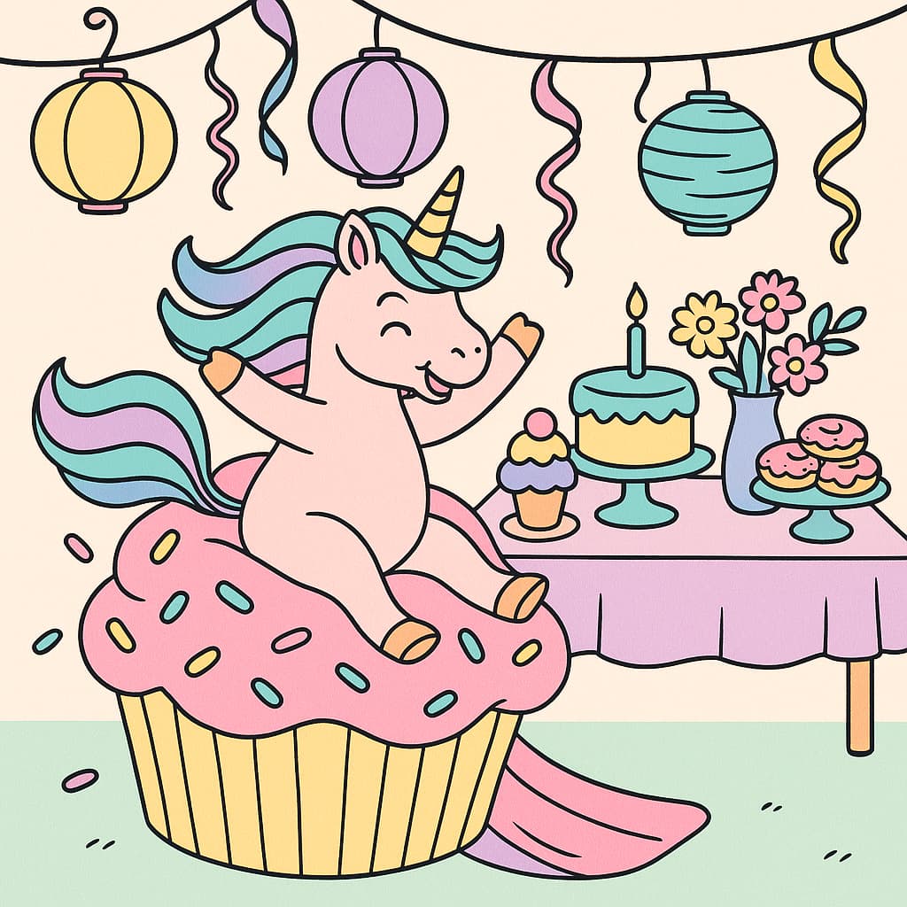 Licorne d'anniversaire avec friandises et lanternes