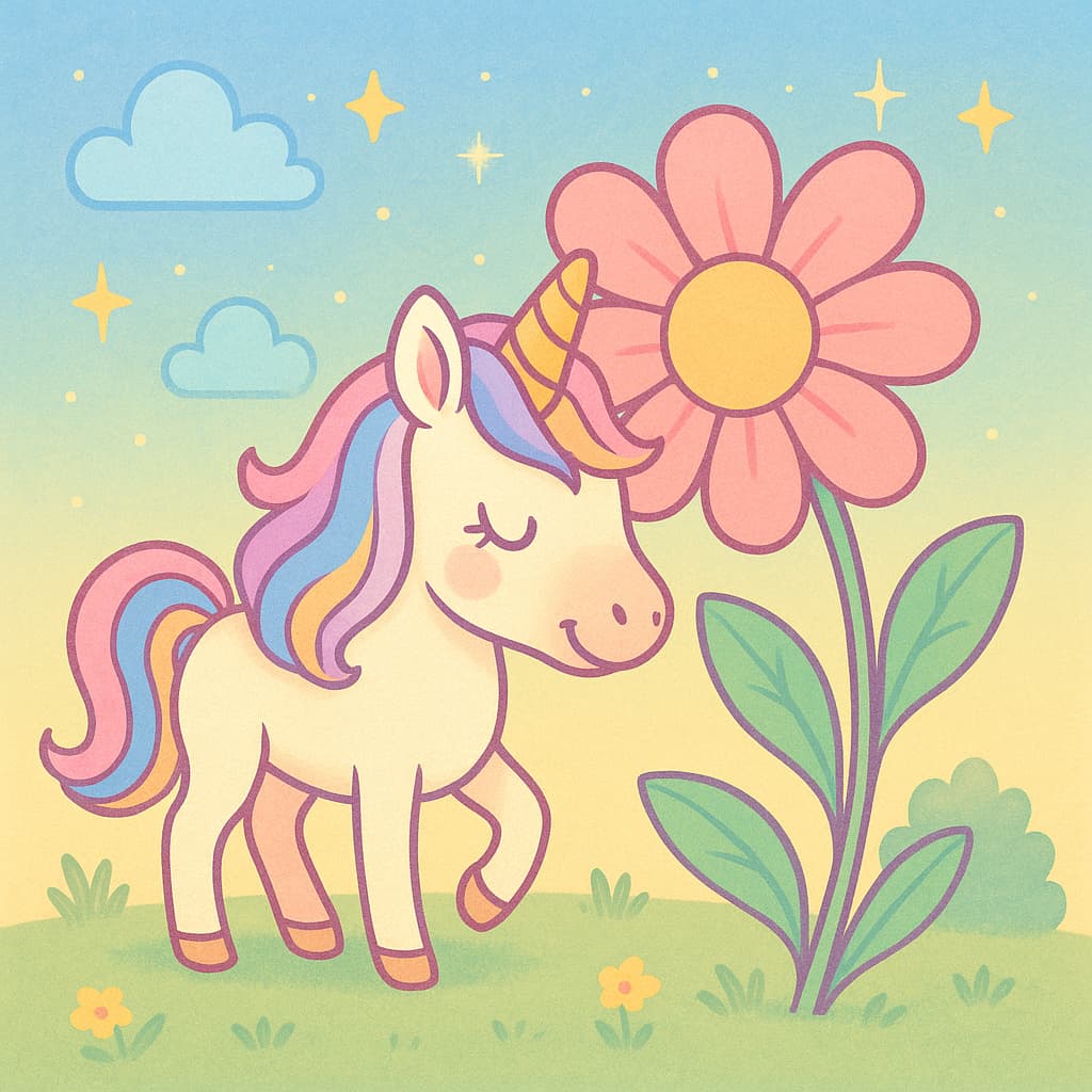 Dessin de licorne dans un jardin avec une grande fleur
