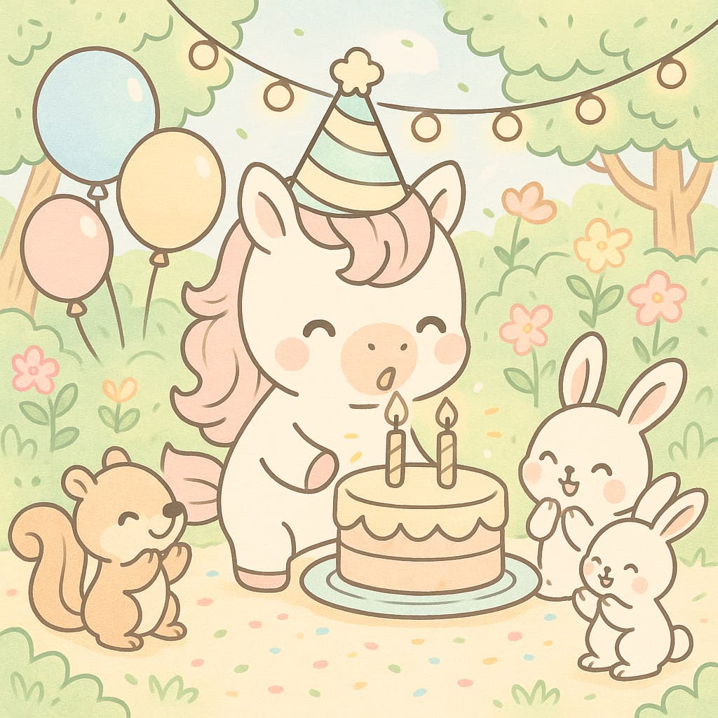 Fête de jardin avec licorne, gâteau et ballons