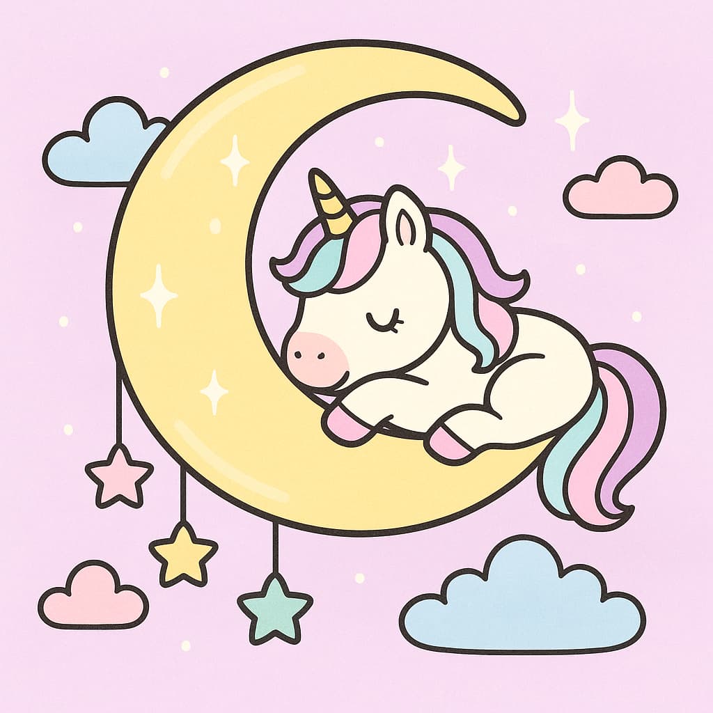 Ciel nocturne avec licorne pour enfants sur une lune