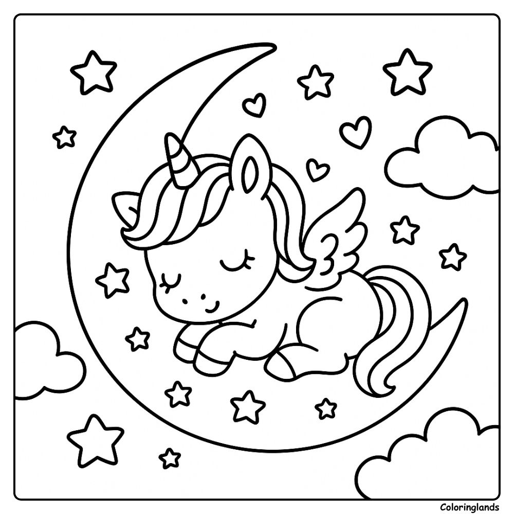 Coloriages licorne faciles pour enfants avec une licorne ailée parmi les étoiles