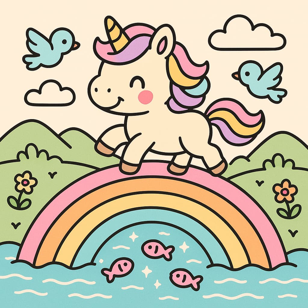 Licorne arc-en-ciel pour enfants traversant une rivière lumineuse avec des poissons