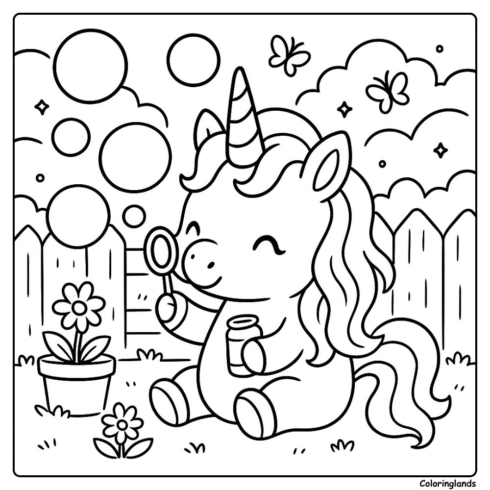 Coloriage enfant licorne avec bulles flottantes
