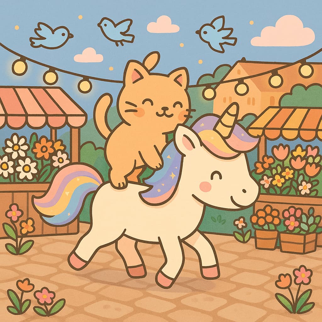 Chat sur le dos d'une licorne, place animée, dessin de licorne et chat