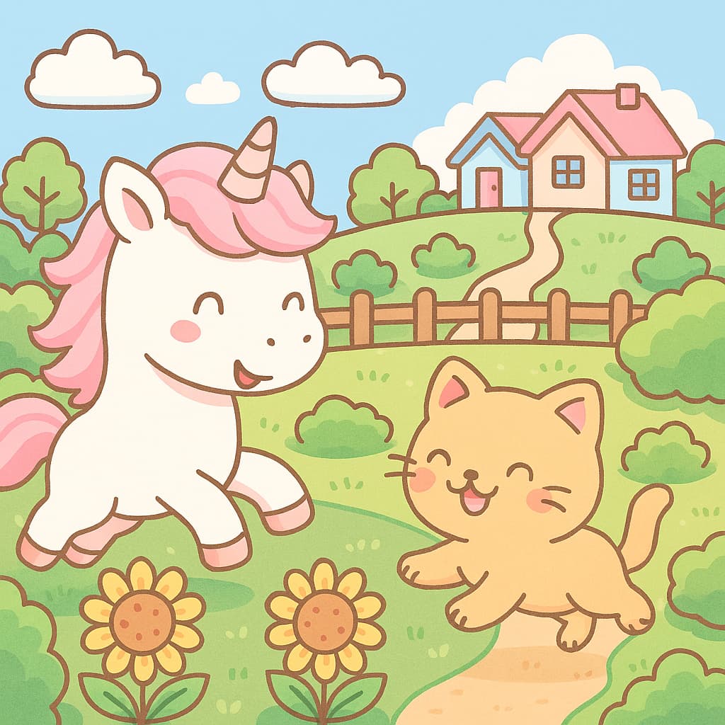 Scène joyeuse avec licorne et chat près des tournesols