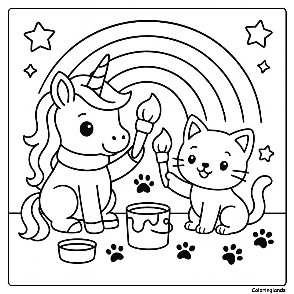 Coloriage licorne arc en ciel avec un chat artiste