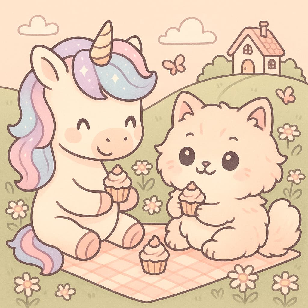 Scène de pique-nique sucrée avec licorne et chat partageant des cupcakes
