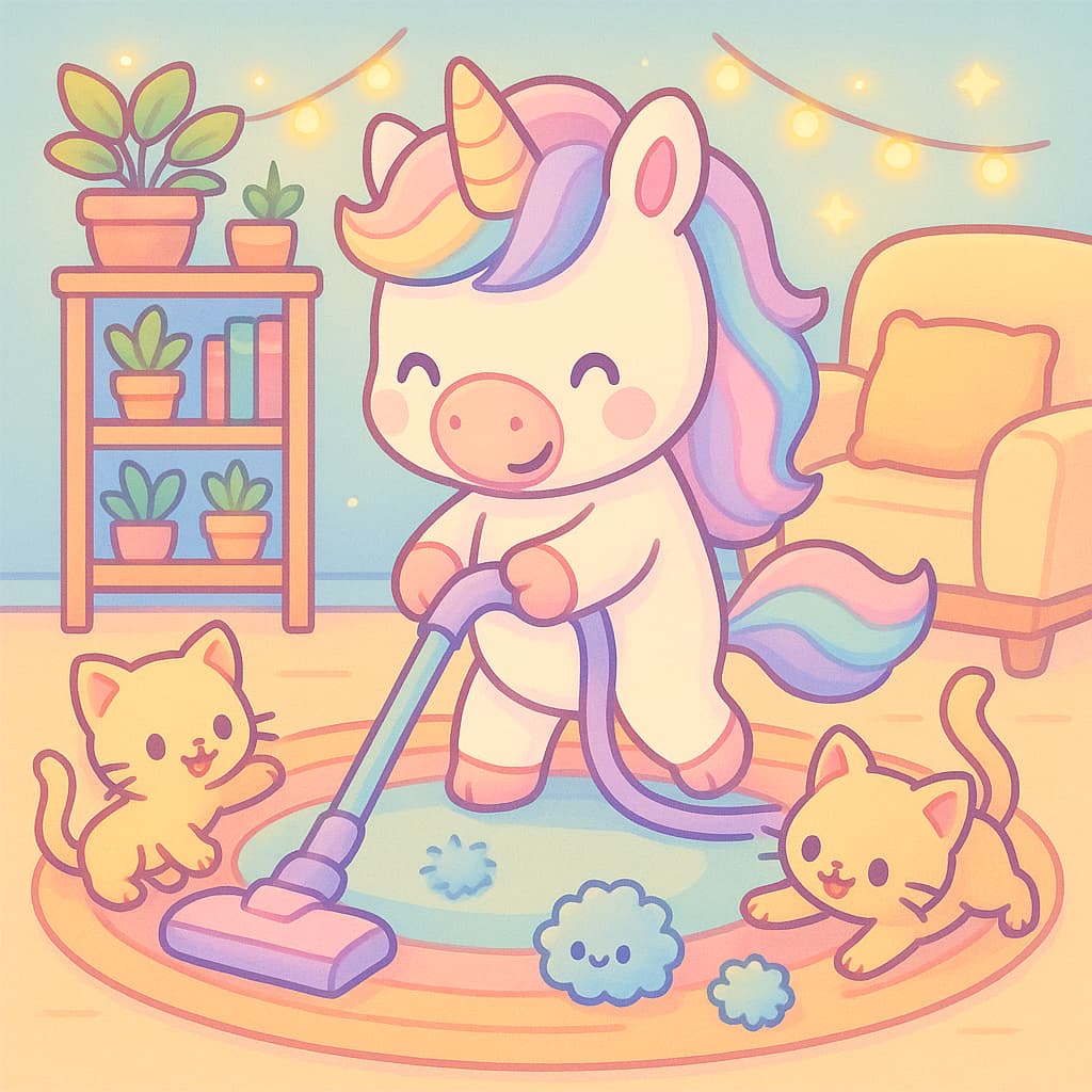 Moment de ménage avec licorne et deux chats mignons