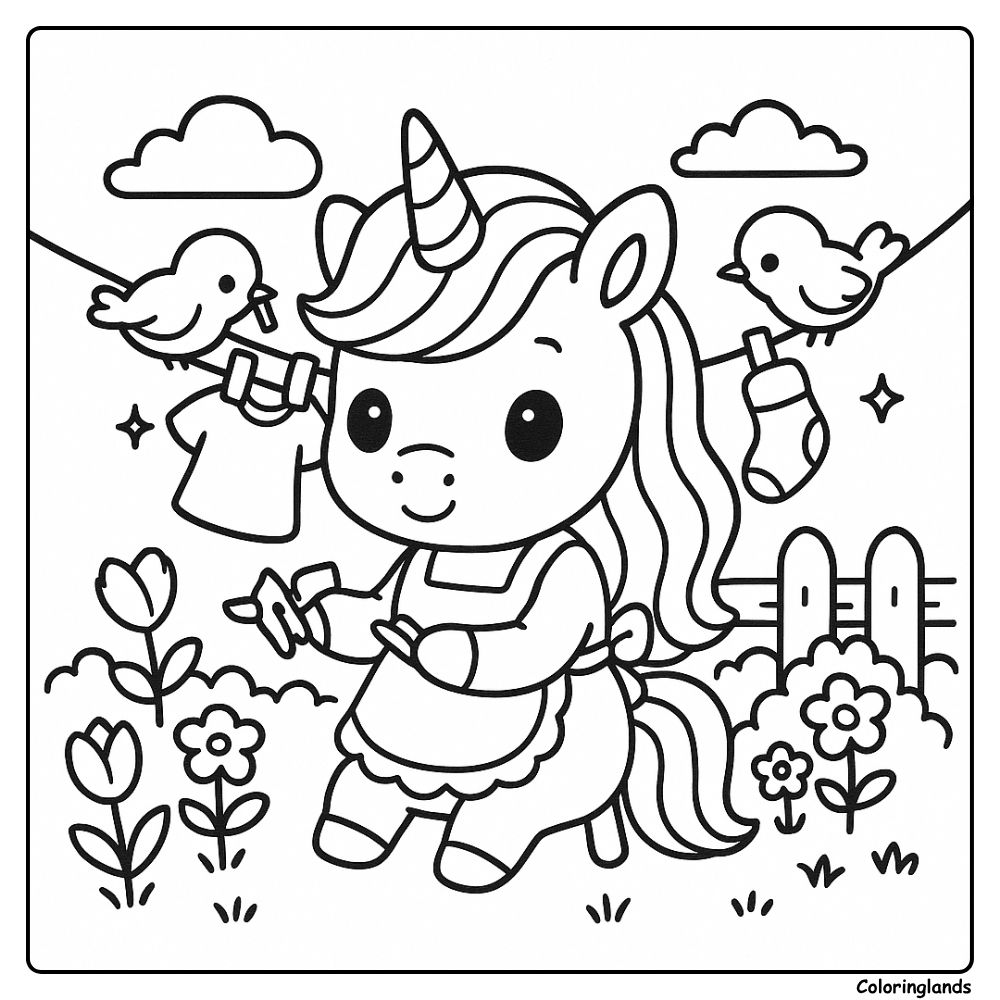 Coloriage enfant licorne avec des vêtements et des oiseaux