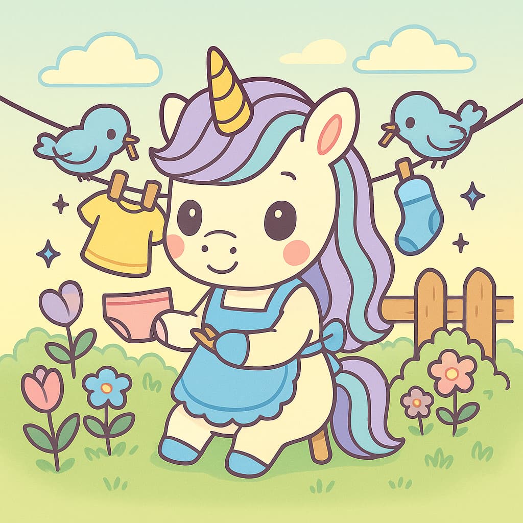 Dessin de licorne pour enfants avec oiseaux suspendant des vêtements