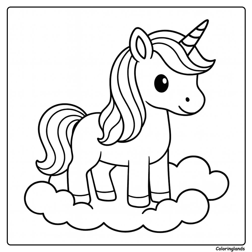 Coloriage licorne facile dans un ciel nuageux
