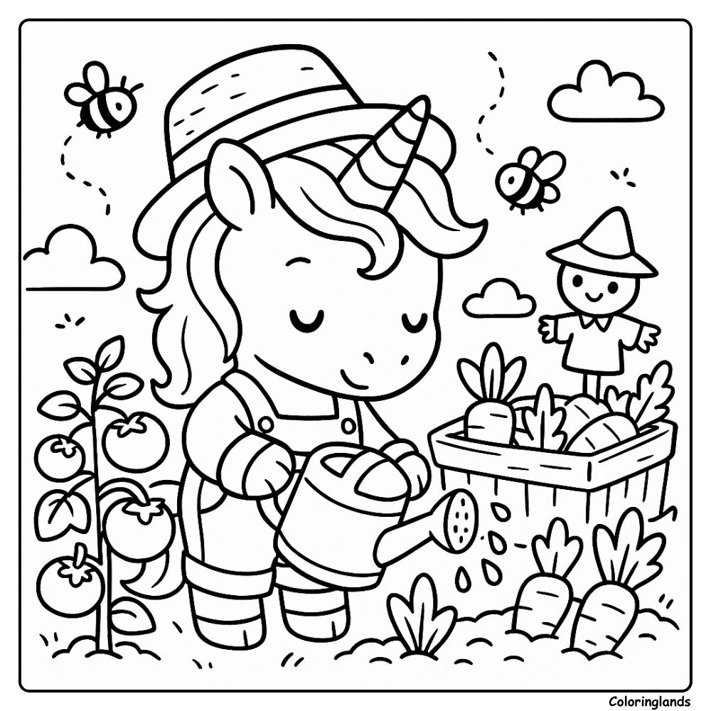 Coloriage enfant licorne arrosant des légumes au soleil
