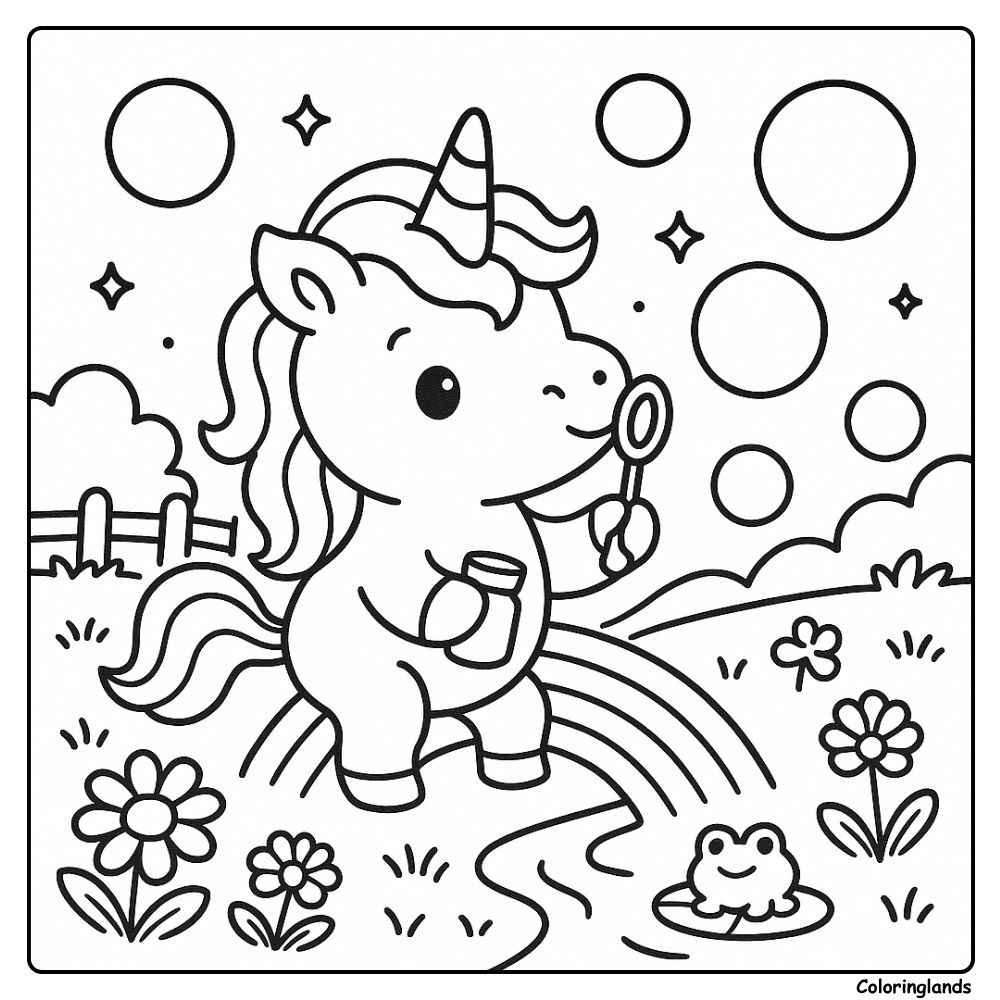 Coloriage licorne arc en ciel près d'un ruisseau avec bulles