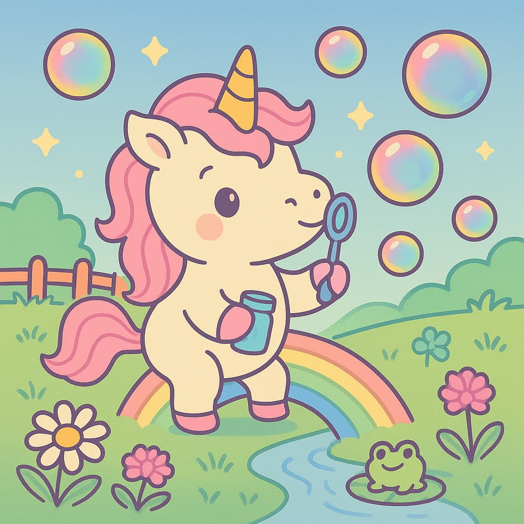 Dessin de licorne dans un pré enchanté soufflant des bulles brillantes