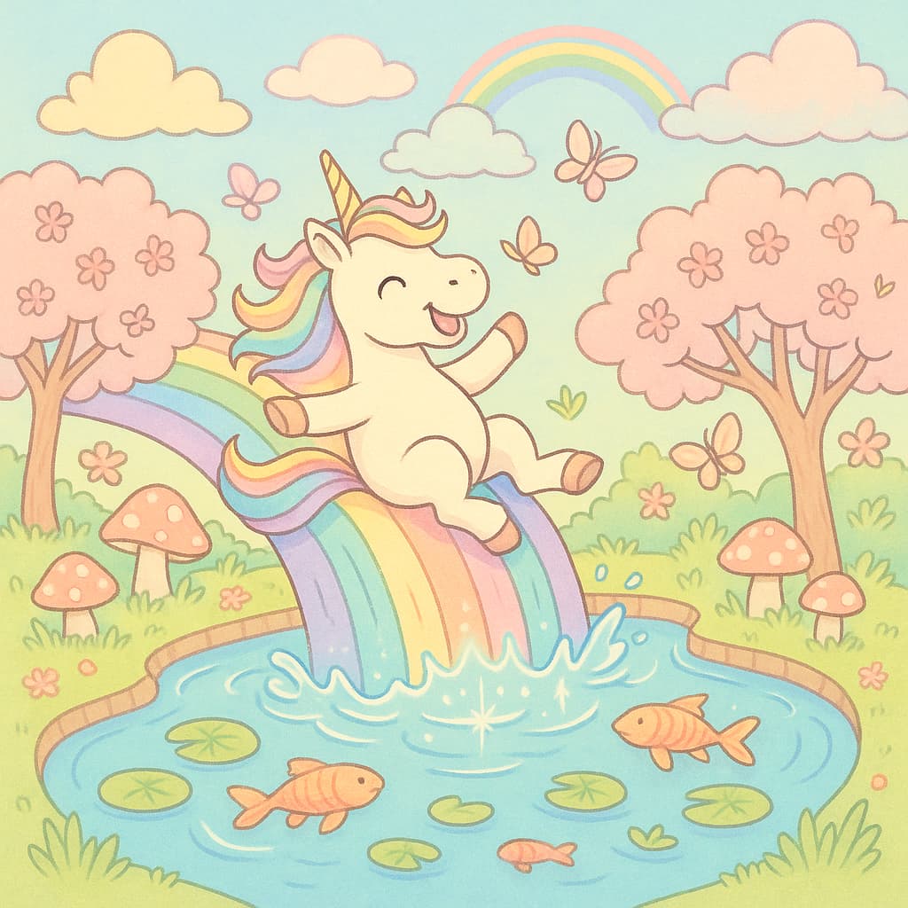 Dessin de licorne et arc-en-ciel avec étang, papillons et arbres
