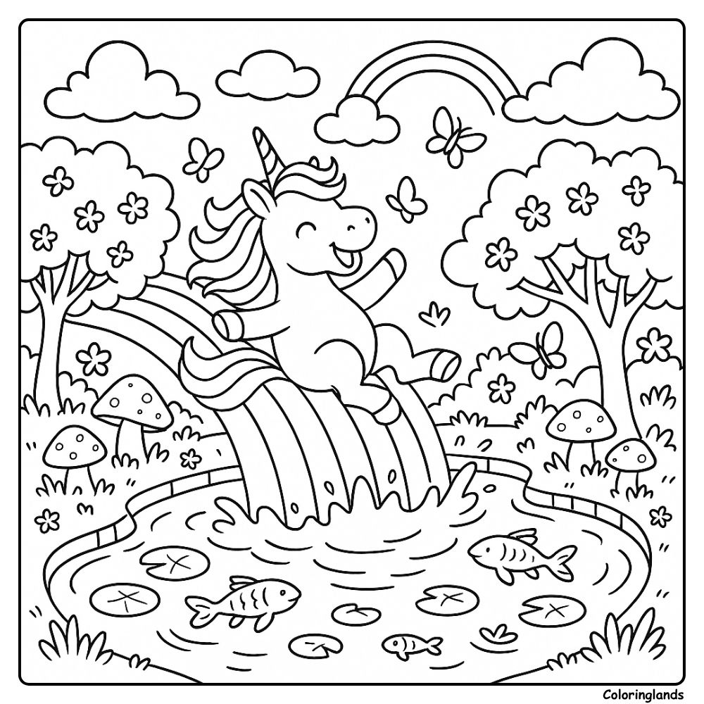 Coloriages de licornes et arc en ciel pour enfants dans une forêt magique