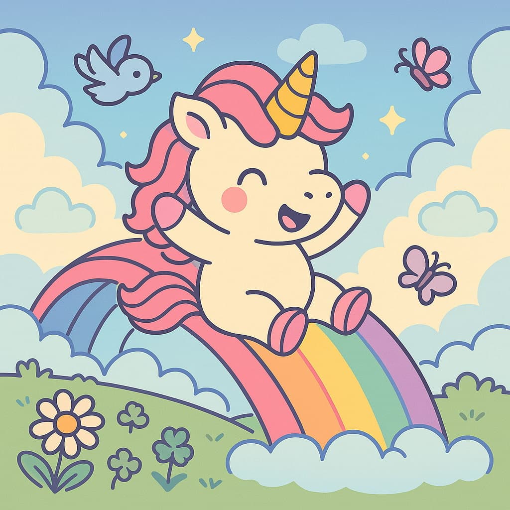 Dessin de licorne riant sur un toboggan céleste