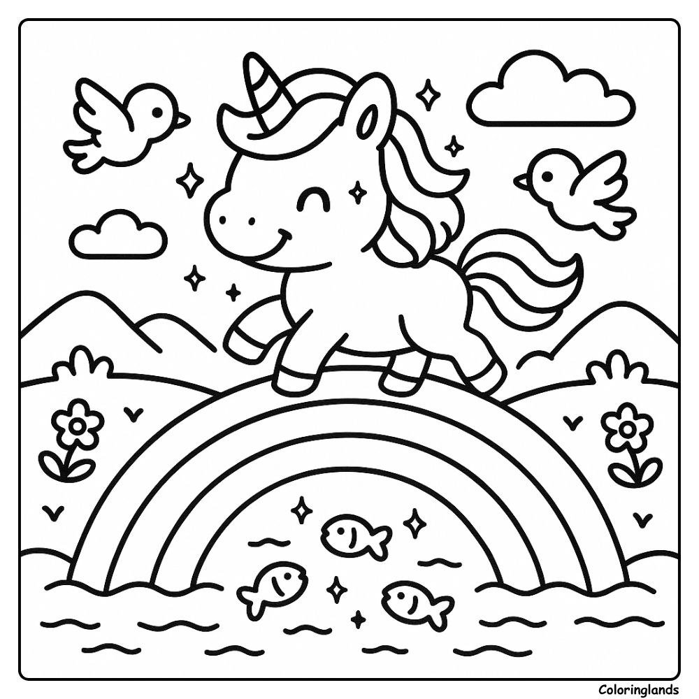 Coloriages de licornes et arc en ciel pour enfants avec oiseaux et poissons