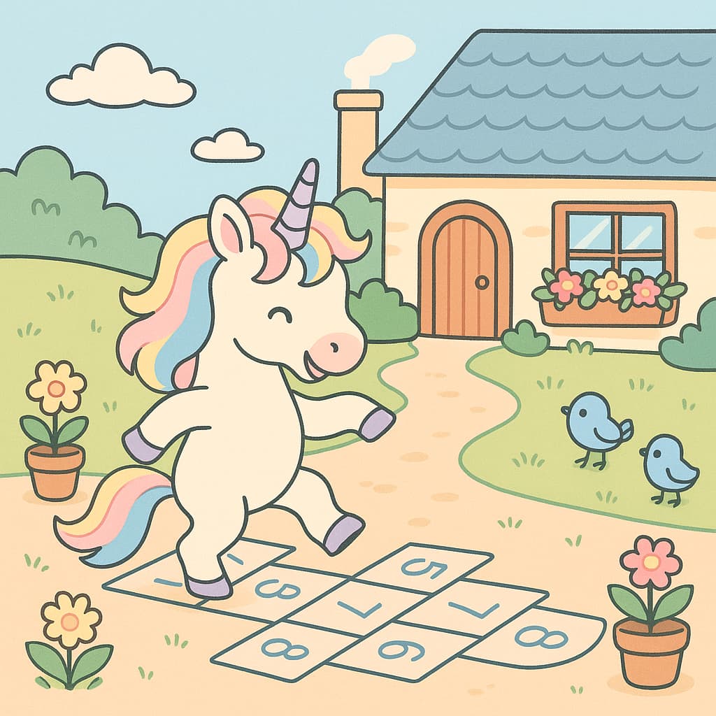 Coloriage licorne facile dans un jardin de cottage jouant à la marelle