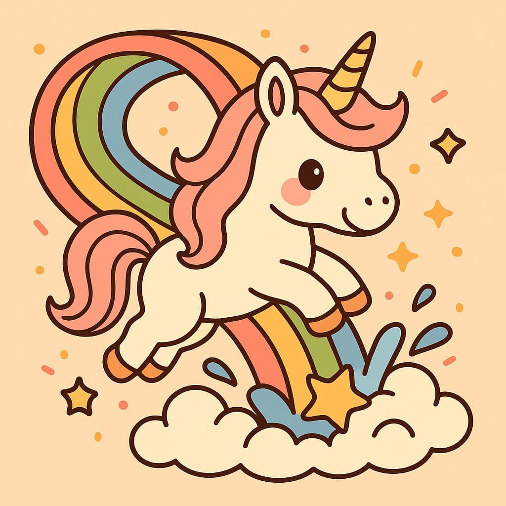Dessin de licorne énergique jaillissant d'un nuage duveteux avec des étoiles