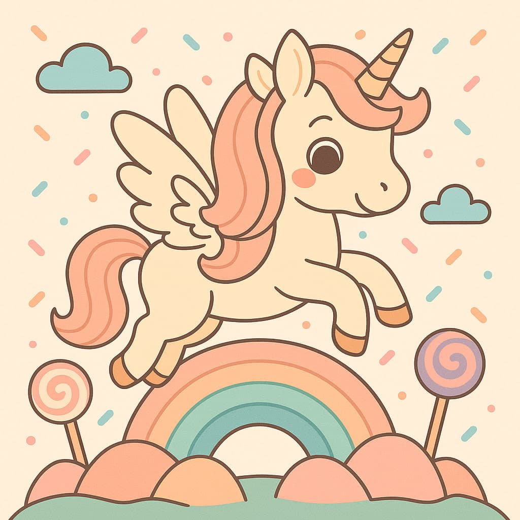 Dessin de licorne arc-en-ciel au-dessus des montagnes de bonbons