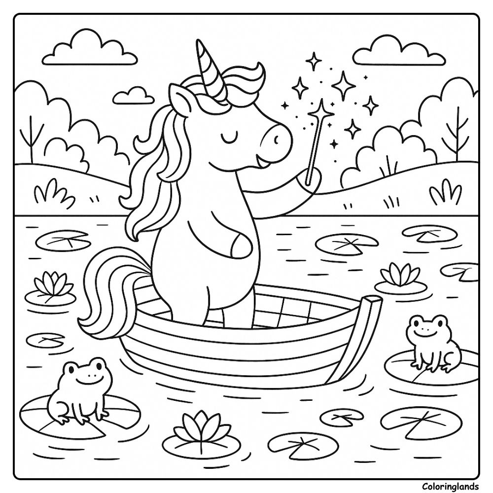 Coloriage enfant licorne sur un étang avec des nénuphars