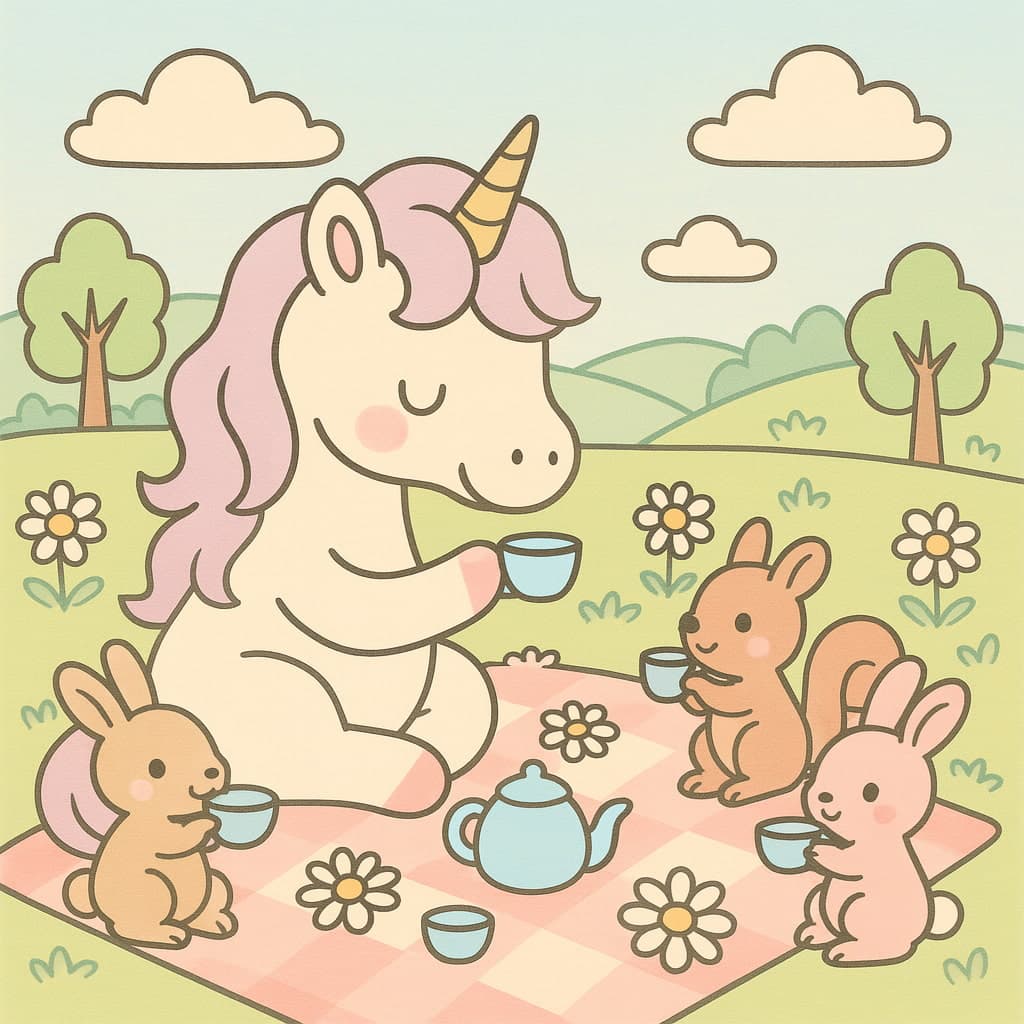 Coloriage licorne facile partageant des tasses avec des lapins sur une couverture.