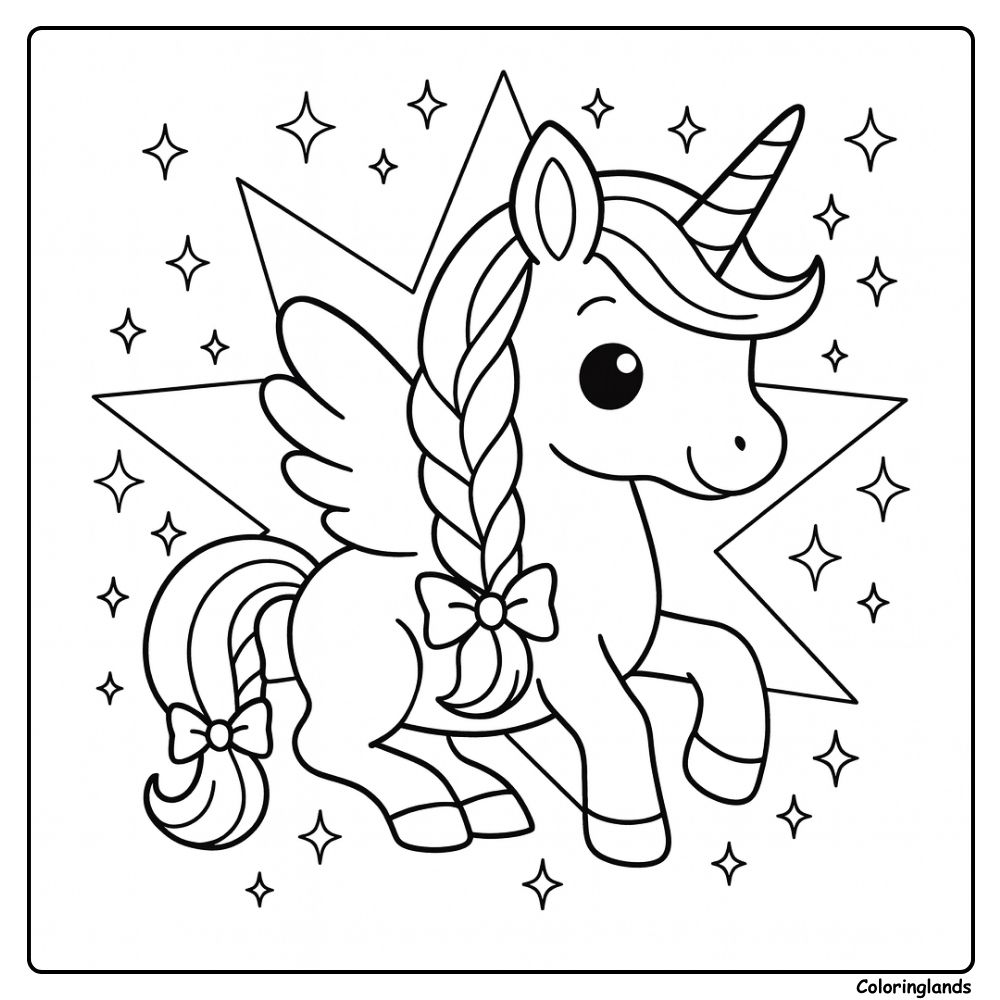 Coloriage licorne arc en ciel avec crinière tressée et étoiles