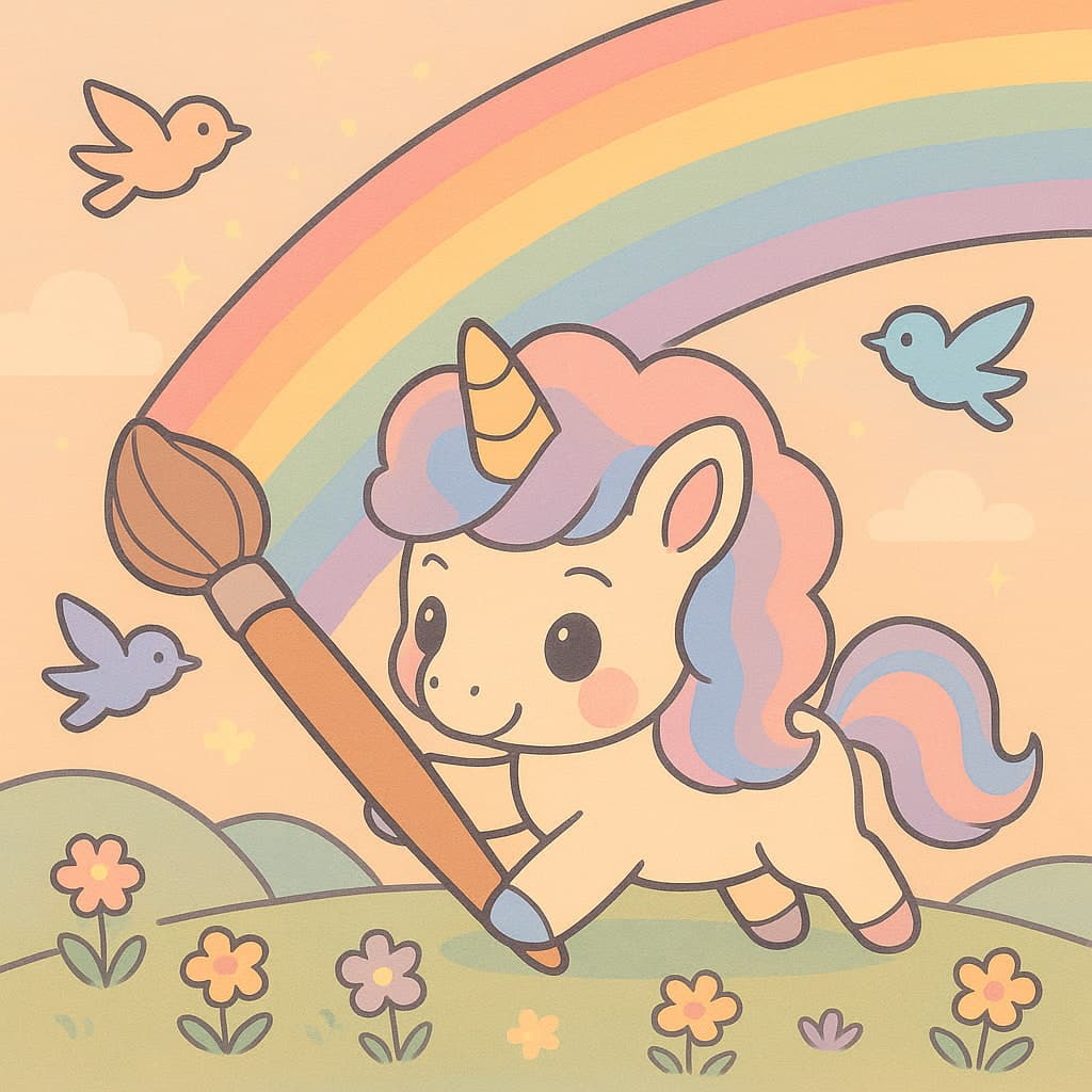 Coloriage licorne facile avec oiseaux, fleurs et grand pinceau