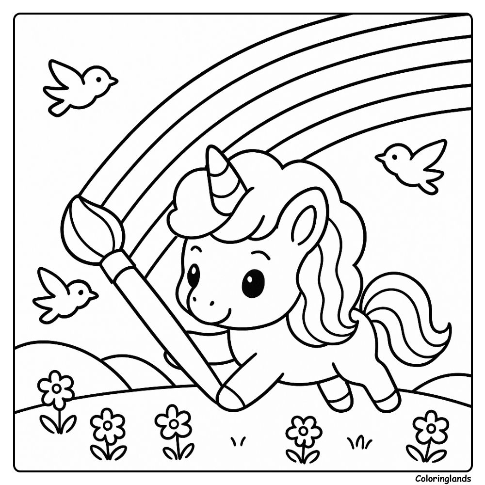 Scène créative de coloriage licorne facile avec pinceau et oiseaux
