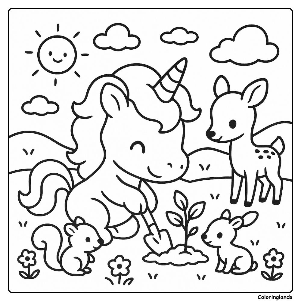 Coloriage enfant licorne avec amis de la forêt et jeune pousse