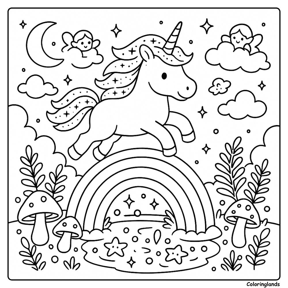 Coloriage de licorne sautant par dessus un arc en ciel avec lune et étoiles