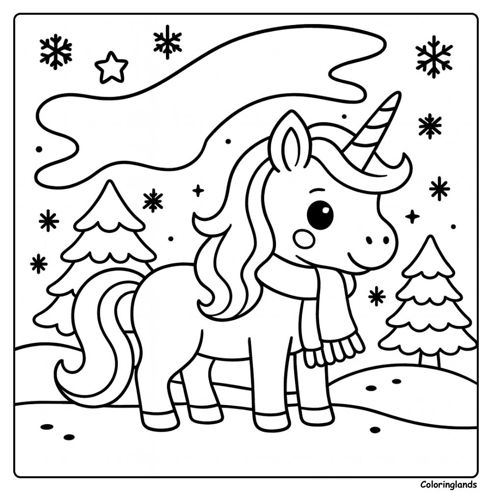 Coloriage licorne arc en ciel sous les flocons