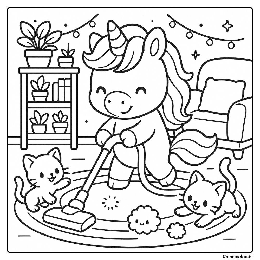 Coloriage enfant licorne avec aspirateur et chatons espiègles