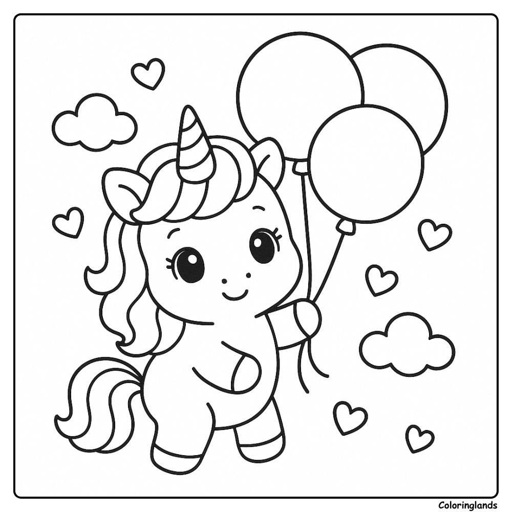 Coloriages licorne faciles pour filles avec ballons et nuages