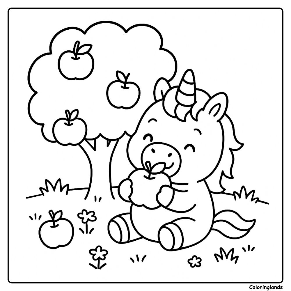 Coloriages licorne faciles pour enfants sous l'ombre du pommier